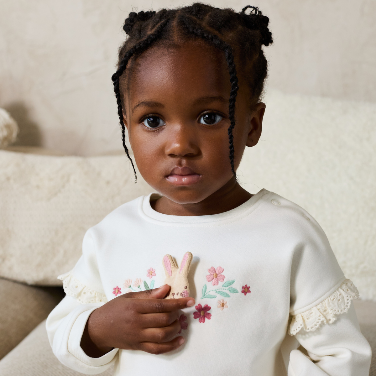 Baby Girls Bunny & Floral Embroidered Ruffle Sweatshirt, White