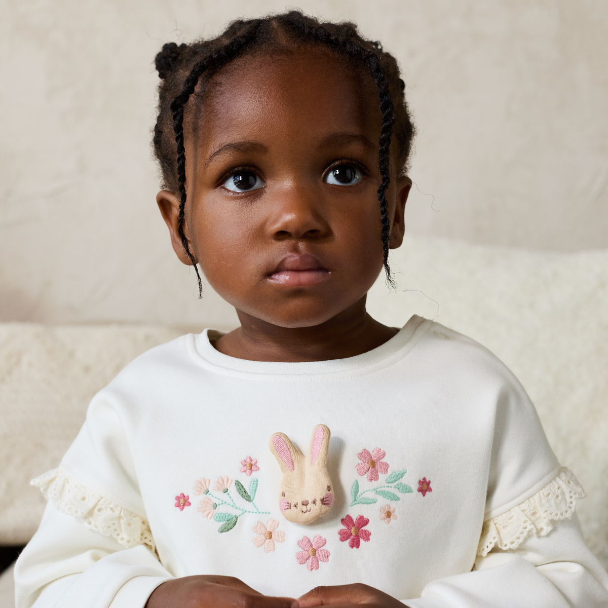 Baby Girls Bunny & Floral Embroidered Ruffle Sweatshirt, White