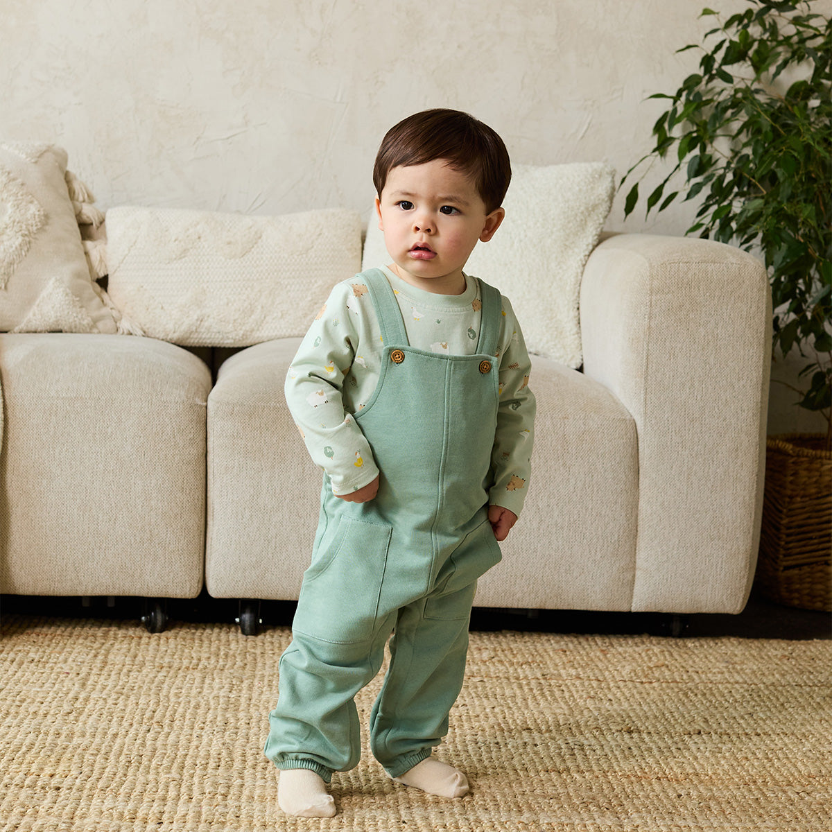Baby Unisex Animal Printed Top & Dungaree Set, Sage Green