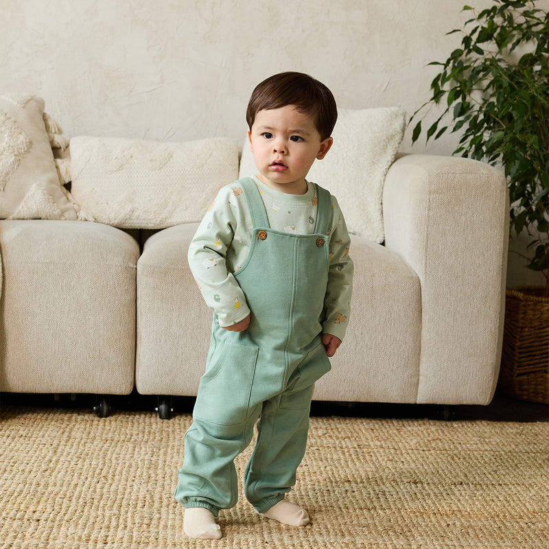 Baby Unisex Animal Printed Top & Dungaree Set, Sage Green
