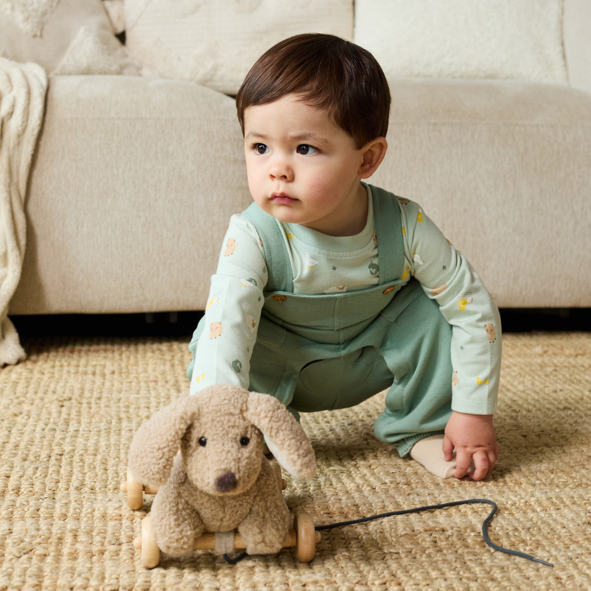 Baby Unisex Animal Printed Top & Dungaree Set, Sage Green
