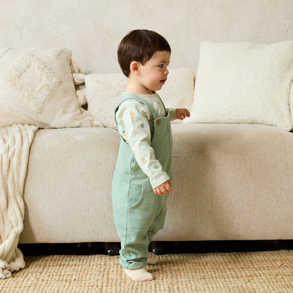 Baby Unisex Animal Printed Top & Dungaree Set, Sage Green