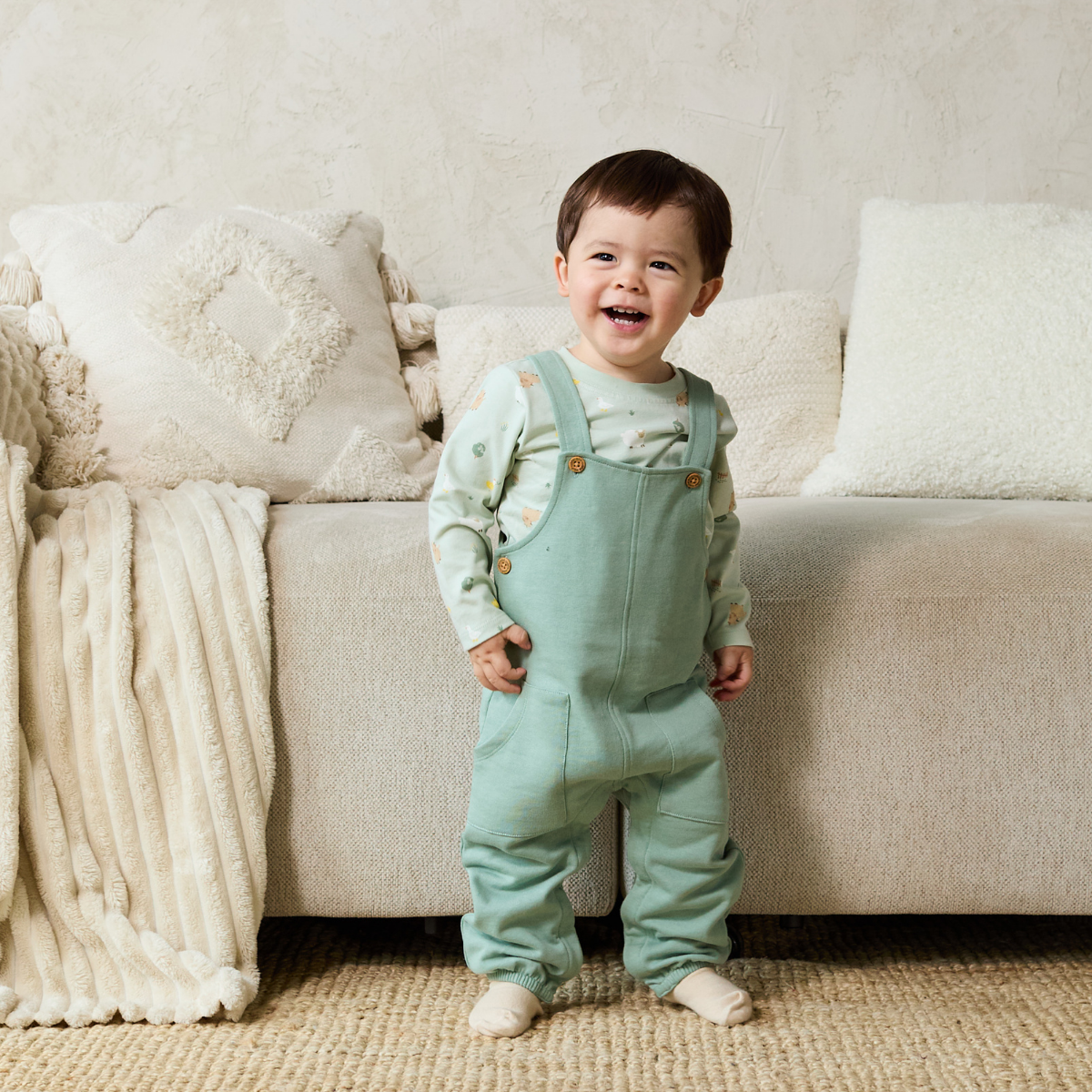 Baby Unisex Animal Printed Top & Dungaree Set, Sage Green