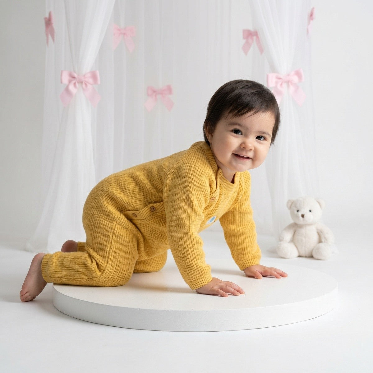 Baby Unisex Elephant Embroidered Romper, Mustard Yellow