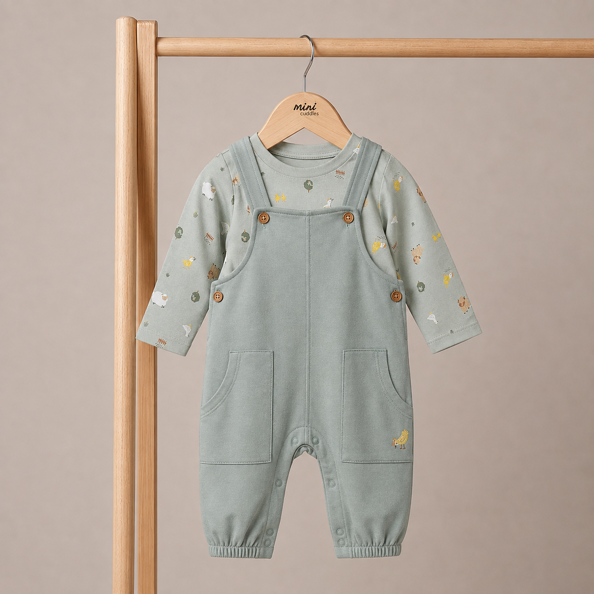 Baby Unisex Animal Printed Top & Dungaree Set, Sage Green