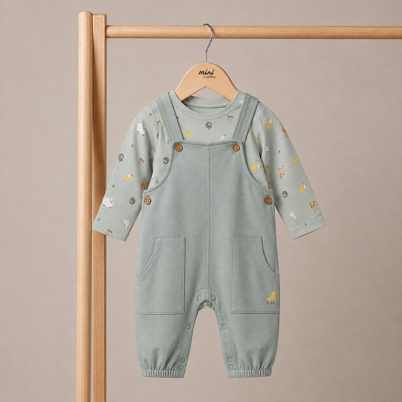 Baby Unisex Animal Printed Top & Dungaree Set, Sage Green