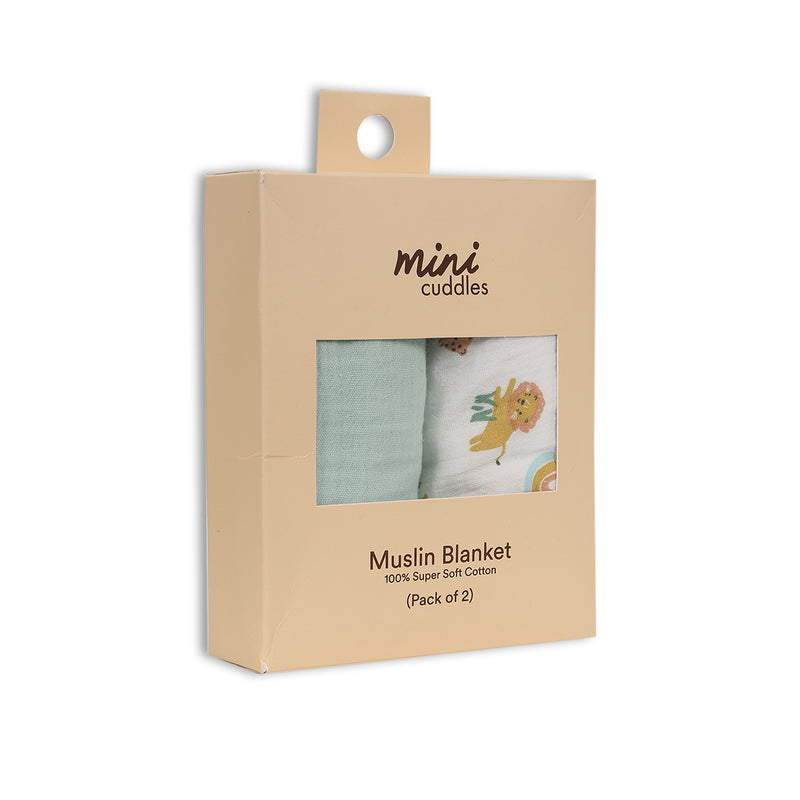 Baby Unisex 2pk Solid & Animal Printed Muslins, Multicolour