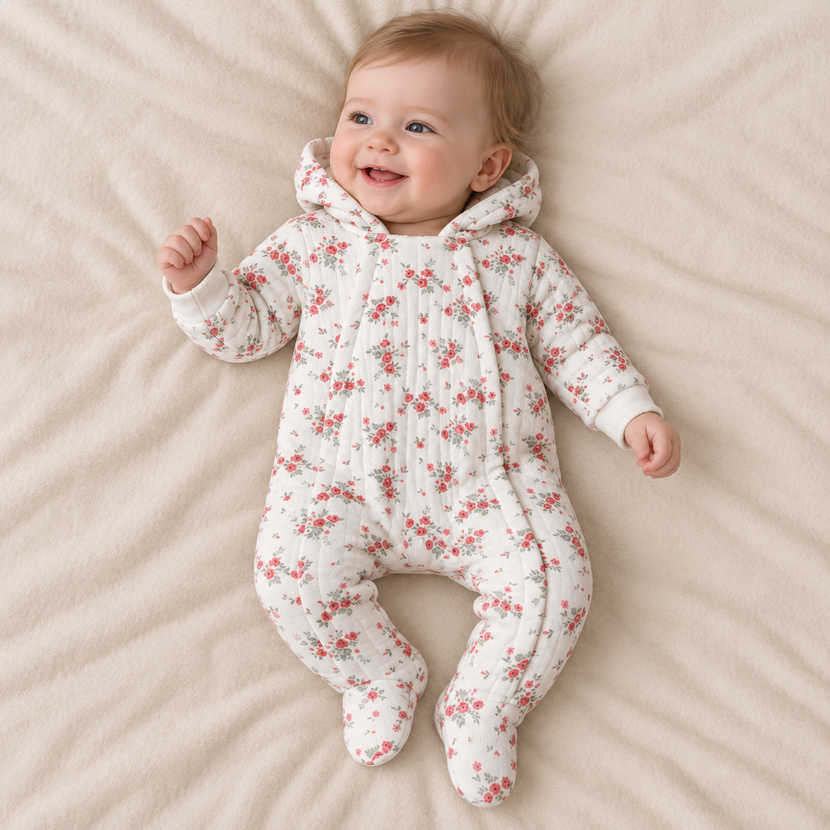 Baby Girls Floral Printed Hooded Pramsuit, White and Red