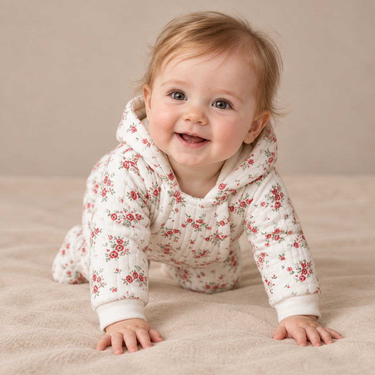 Baby Girls Floral Printed Hooded Pramsuit, White and Red