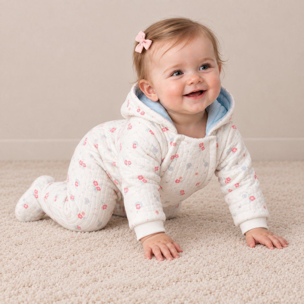 Baby Girls Floral Printed Hooded Pramsuit, White