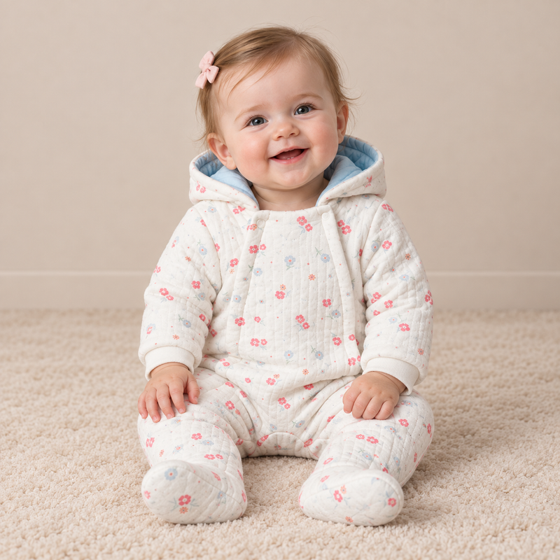 Baby Girls Floral Printed Hooded Pramsuit, White