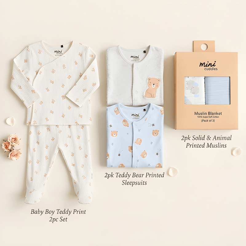 Baby Boys Perfect First Gift Set | Teddy Outfit & Sleepsuits