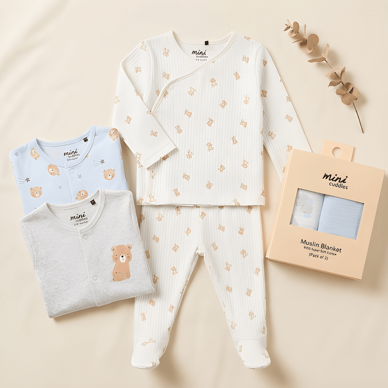 Baby Boys Perfect First Gift Set | Teddy Outfit & Sleepsuits
