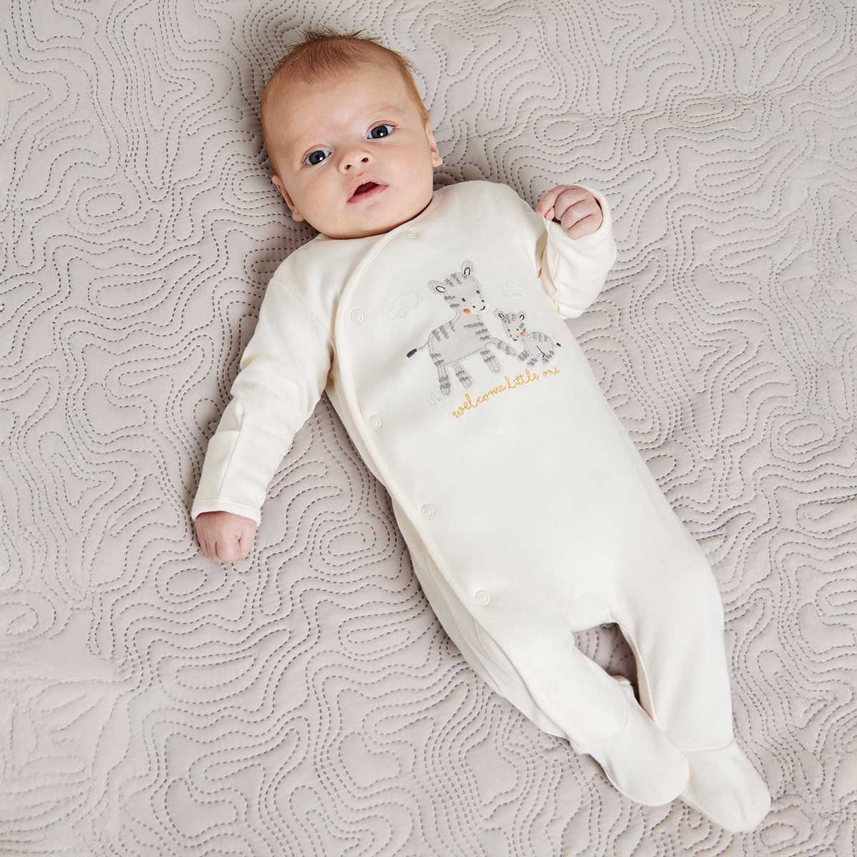 Baby Unisex Zebra Embroidered Sleepsuit, Cream