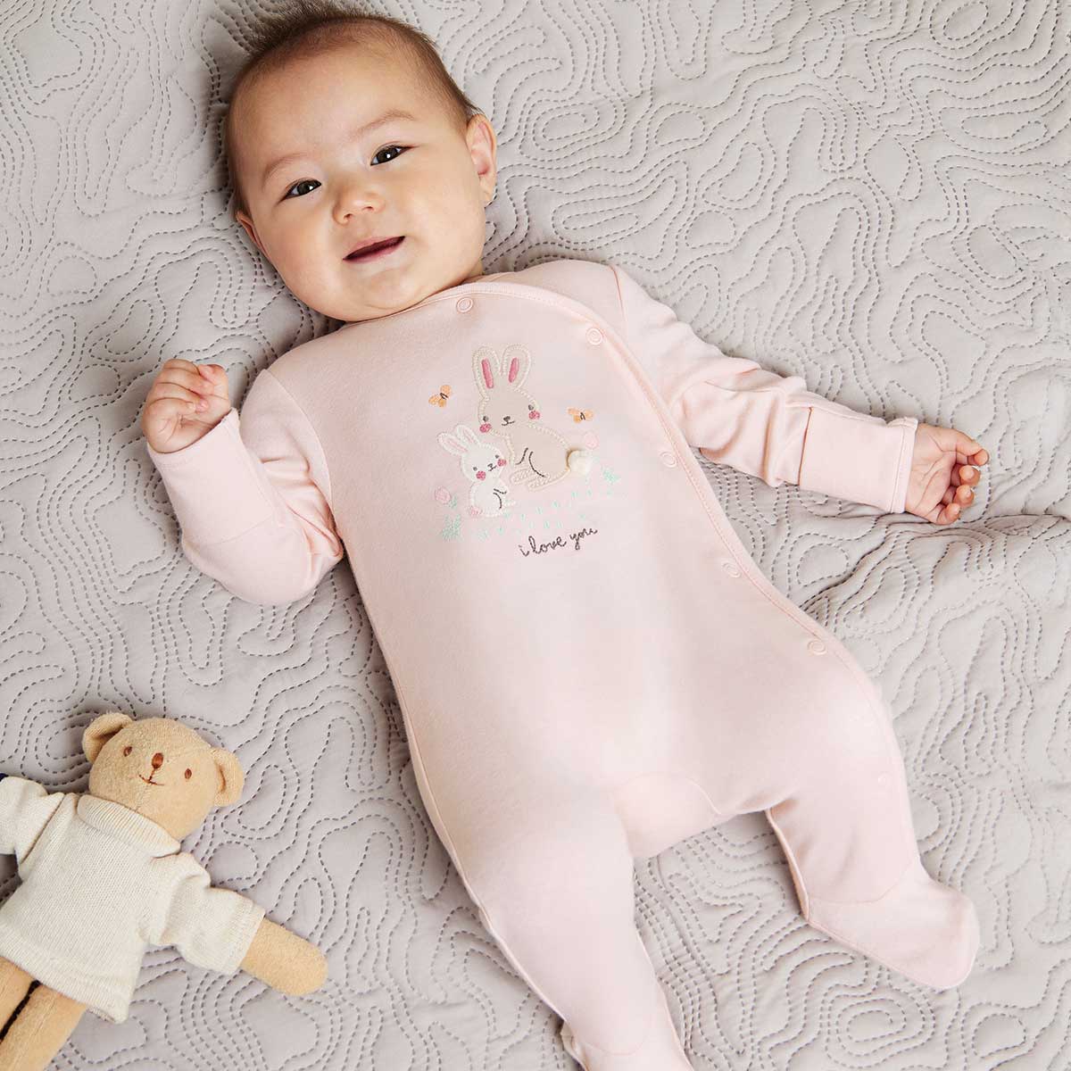 Baby Girls Rabbit Embroidered Sleepsuit, Pink