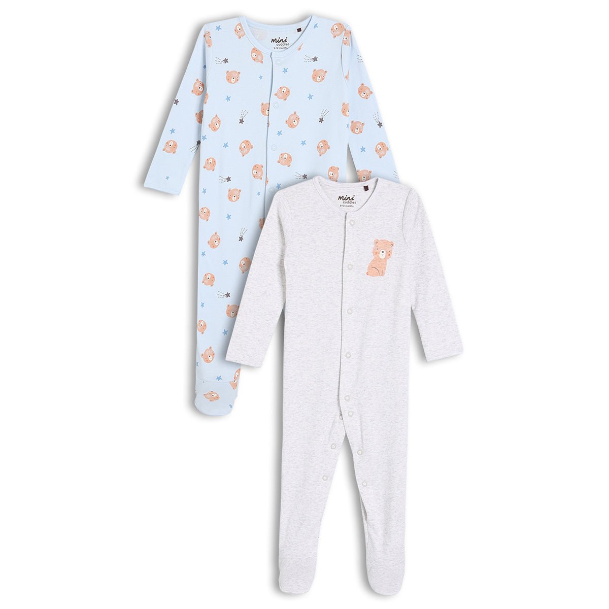 Baby Boys 2pk Teddy Bear Printed Sleepsuit, Multicolour - Minicuddles