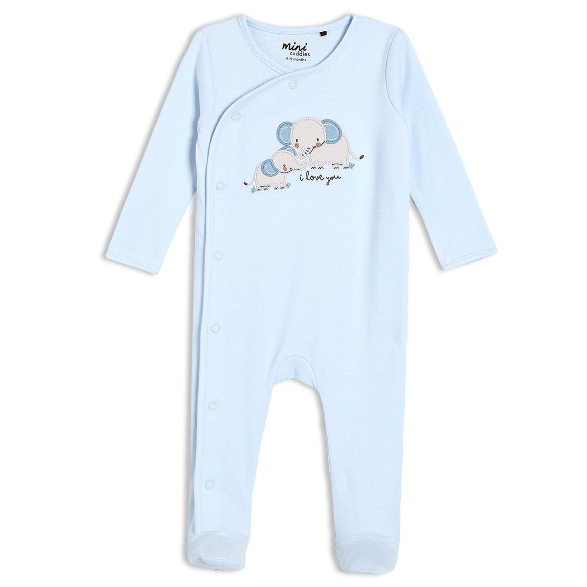Baby Boys Elephant Embroidered Sleepsuit, Blue - Minicuddles
