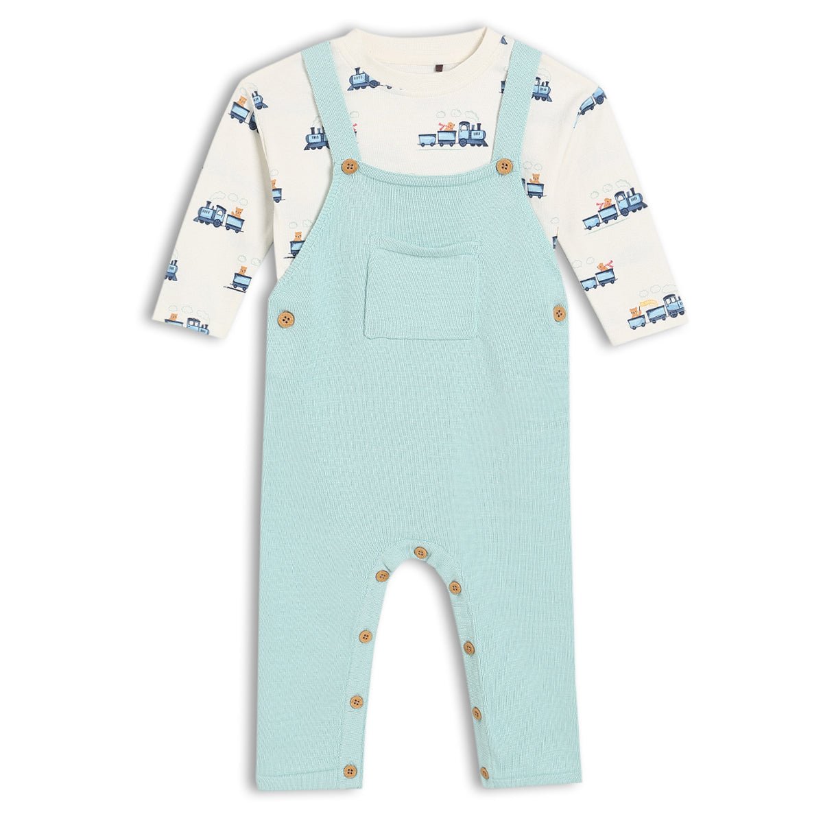 Baby Boys Knitted Dungaree 2pc Set, Turquoise Blue - Minicuddles