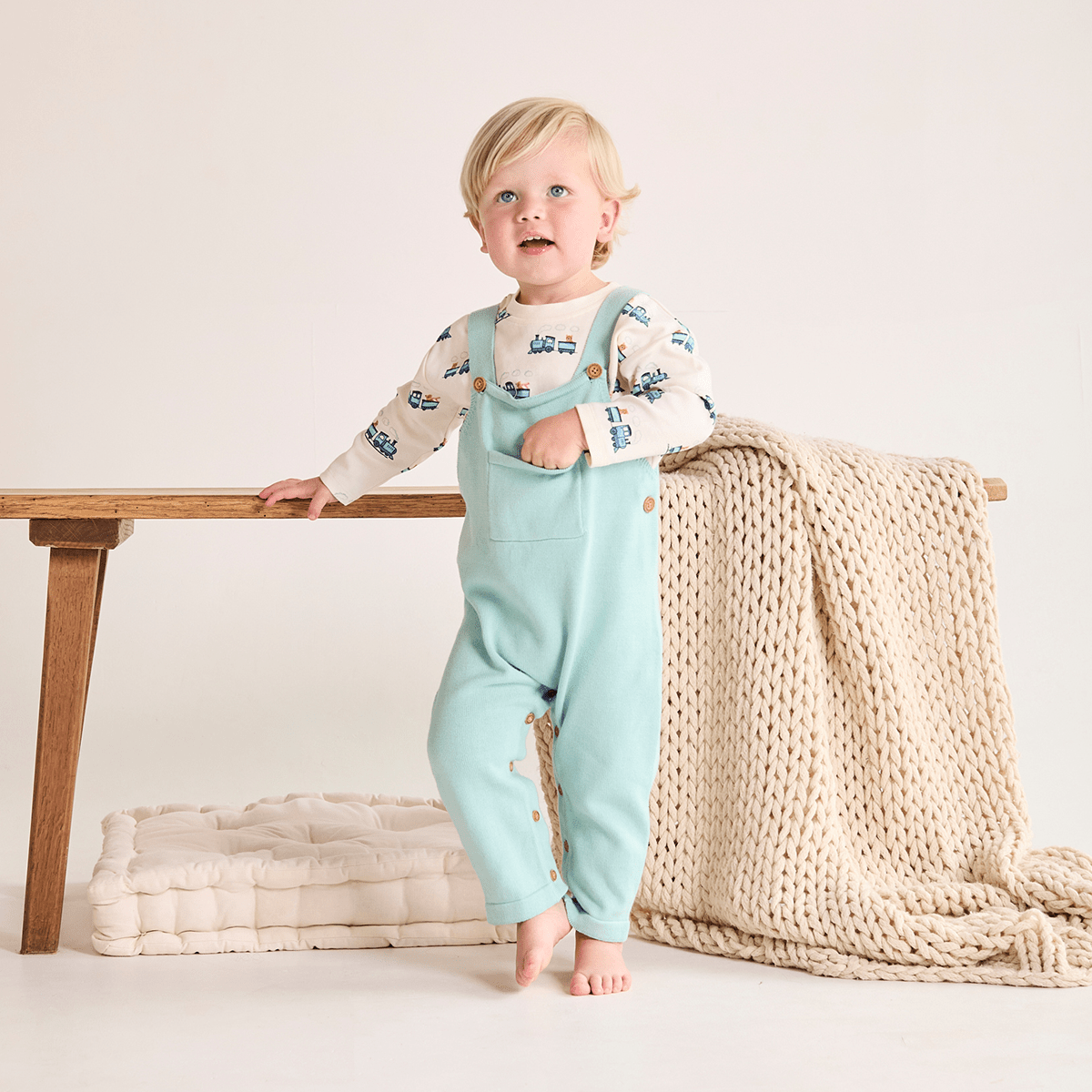 Baby Boys Knitted Dungaree 2pc Set, Turquoise Blue - Minicuddles