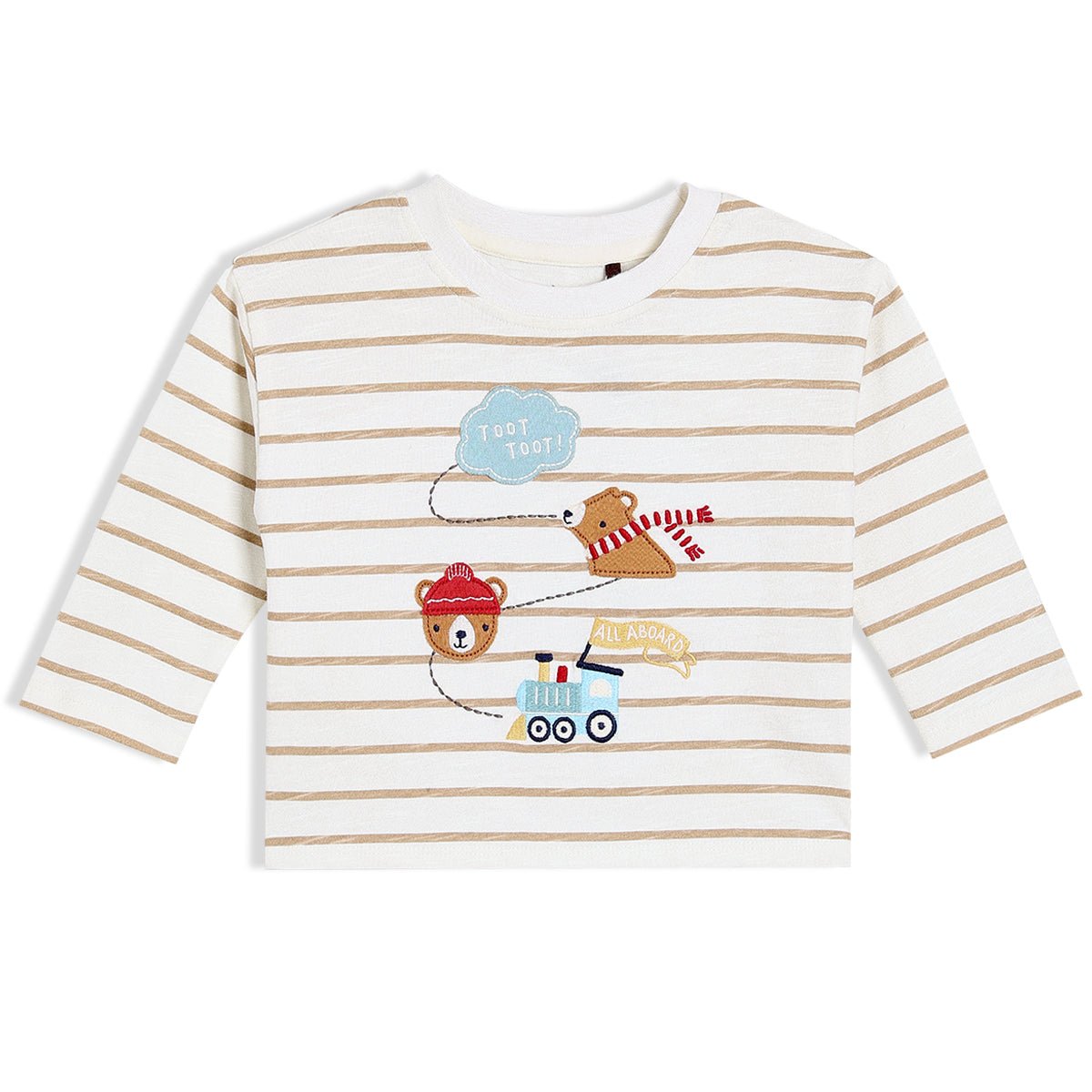 Baby Boys Striped & Teddy Embroidered T-Shirt, White - Minicuddles