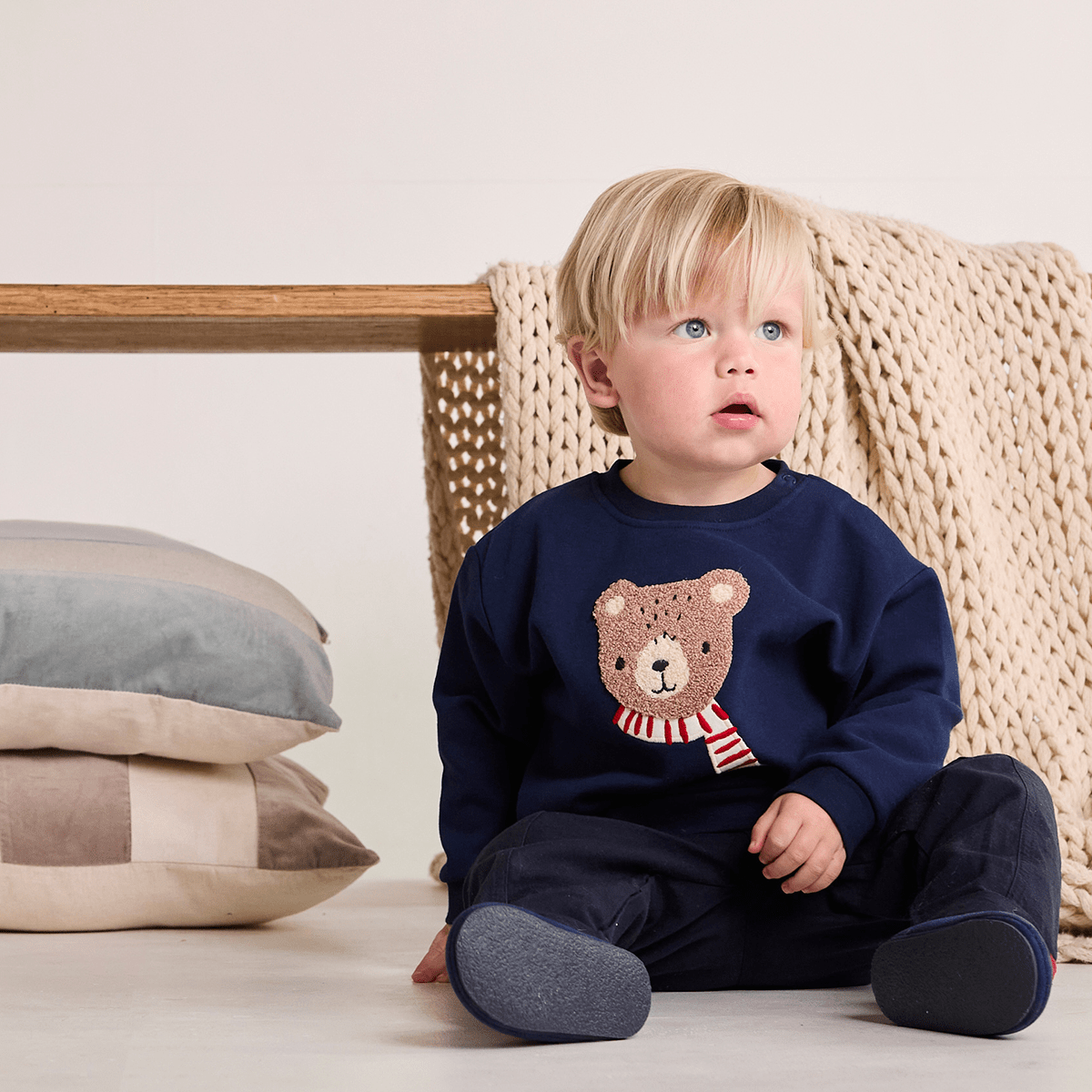 Baby Boys Teddy Bear Embroidered Sweatshirt, Navy Blue - Minicuddles