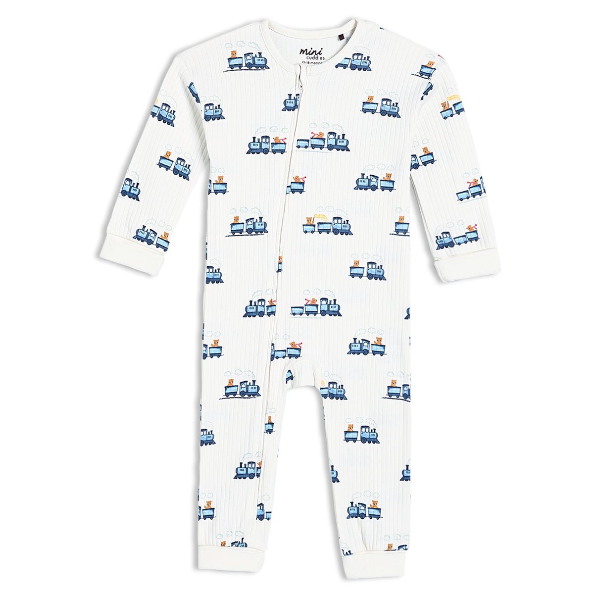 Baby Boys Train Printed Romper, White - Minicuddles