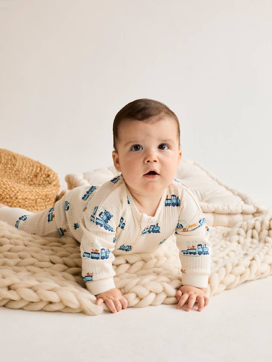 Baby Boys Train Printed Romper, White - Minicuddles