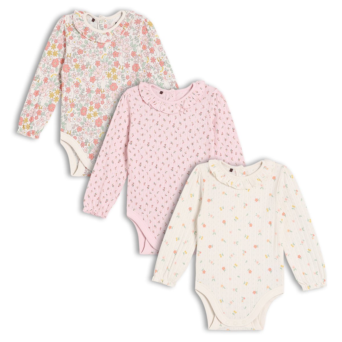 Baby Girls 3pk Floral Printed Bodysuits, Multicolour - Minicuddles