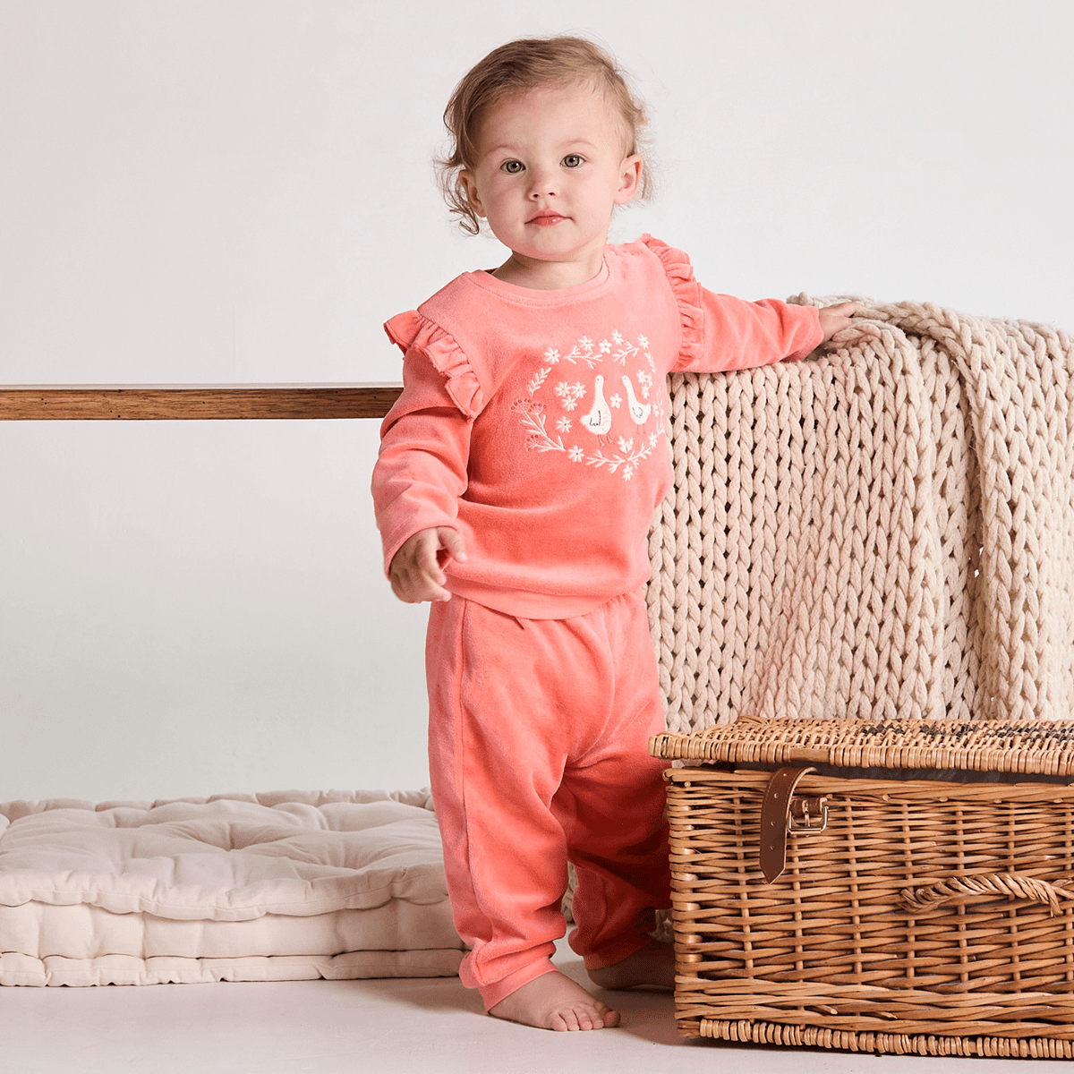 Baby Girls Floral Embroidered 2pc Set, Peach - Minicuddles