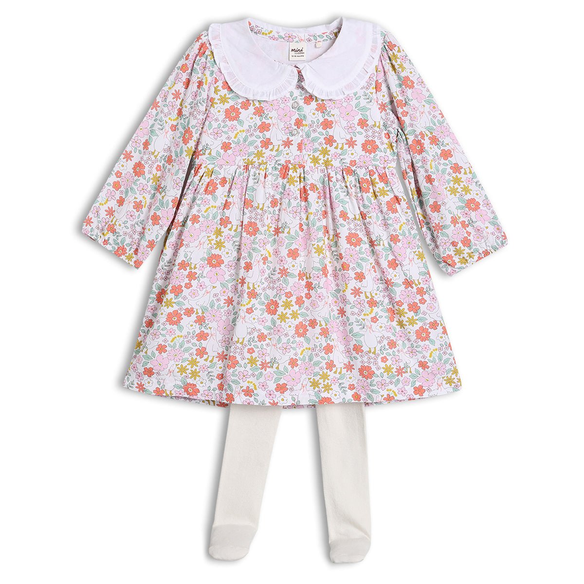 Baby Girls Peter Pan Collar Floral Printed Dress with Tights, Multicolour - Minicuddles
