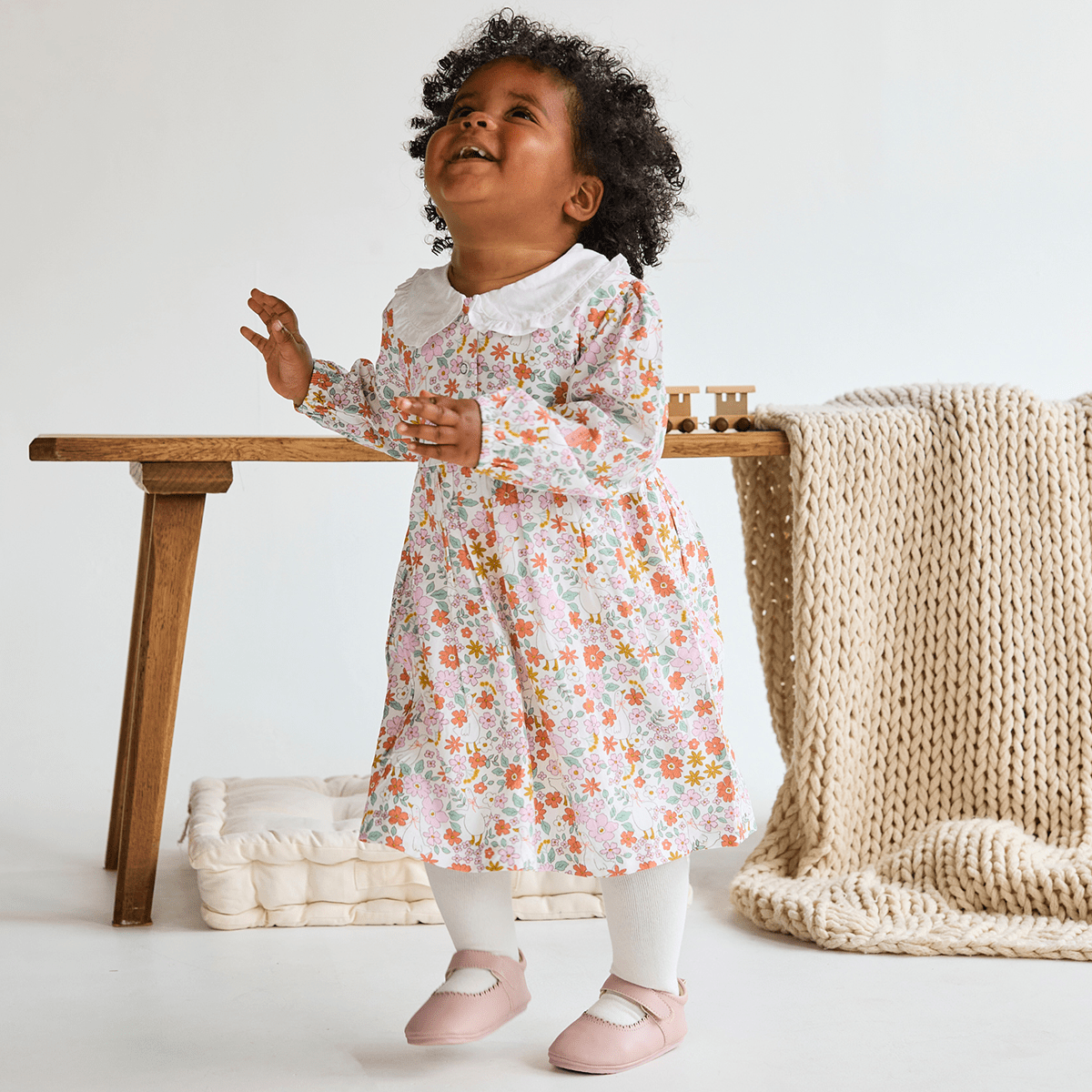 Baby Girls Peter Pan Collar Floral Printed Dress with Tights, Multicolour - Minicuddles