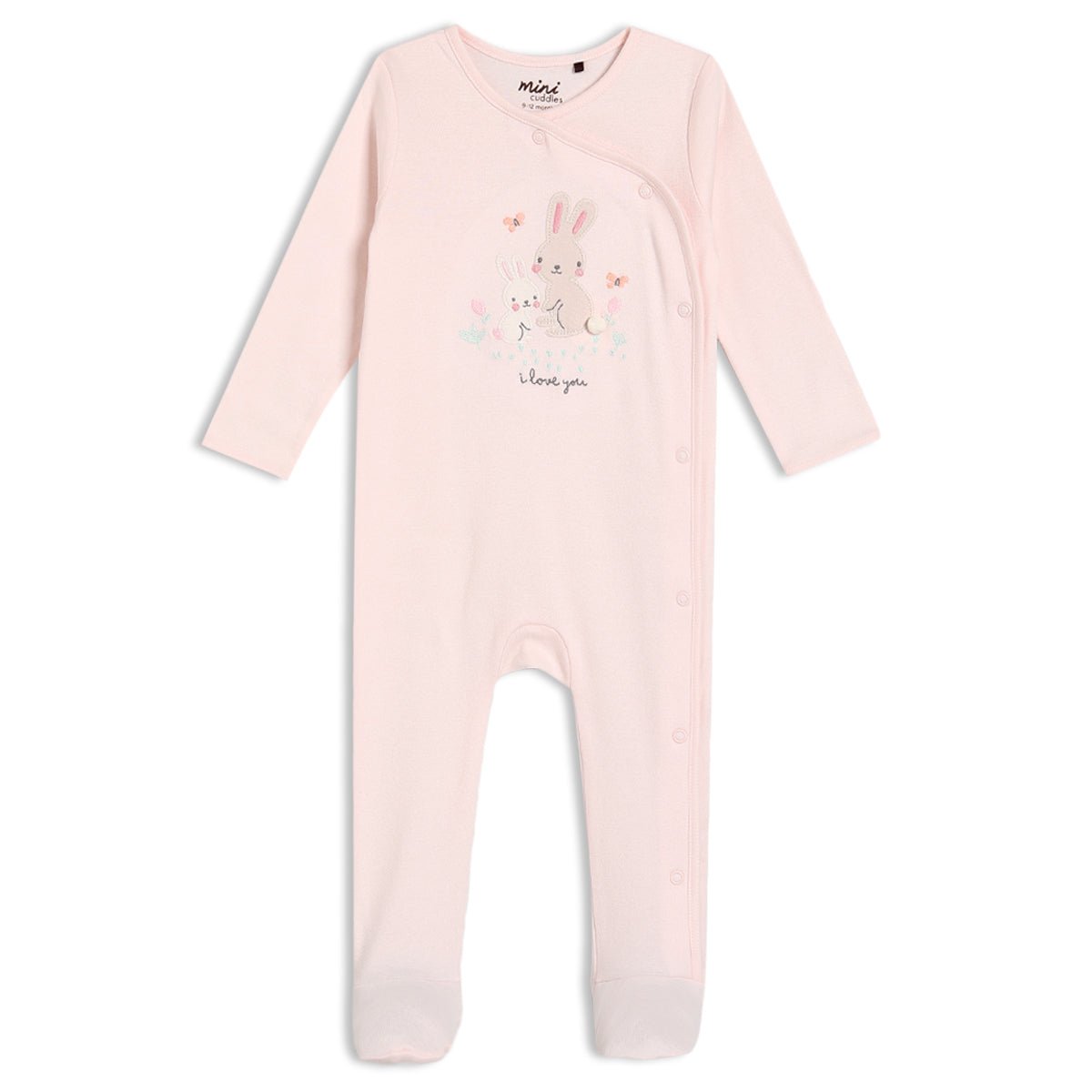 Baby Girls Rabbit Embroidered Sleepsuit, Pink - Minicuddles