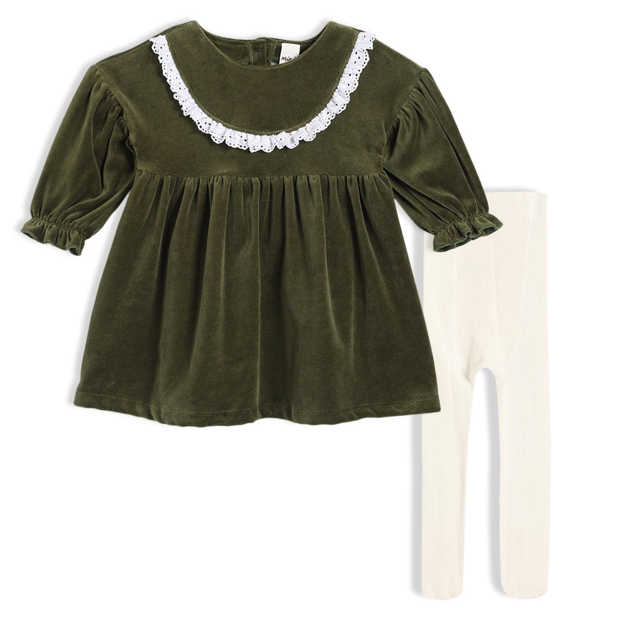 Baby Girls Schiffli Dress With Tights, Green - Minicuddles
