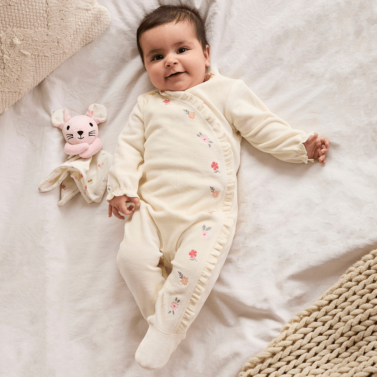 Baby Girls Velour Embroidered Sleepsuit & Toy, Cream - Minicuddles