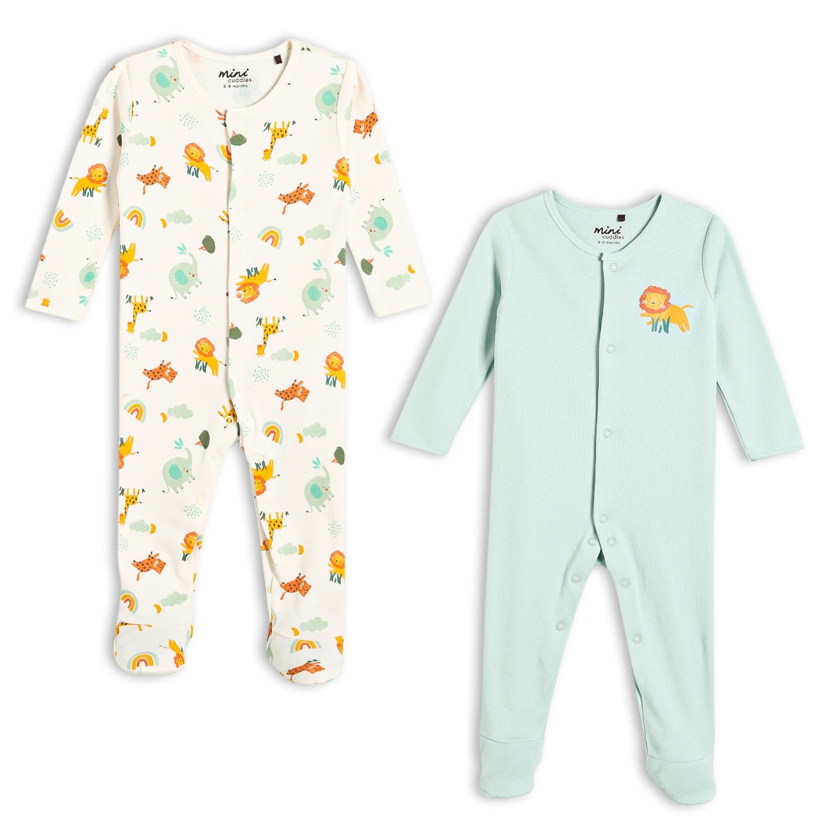 Baby Unisex 2pk Animal Printed Sleepsuits, Multicolour - Minicuddles