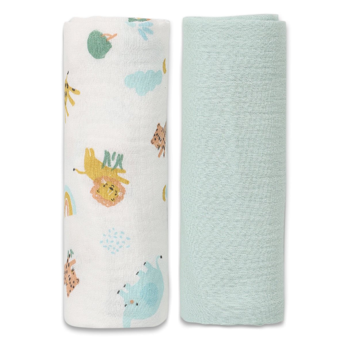 Baby Unisex 2pk Solid & Animal Printed Muslins, Multicolour - Minicuddles