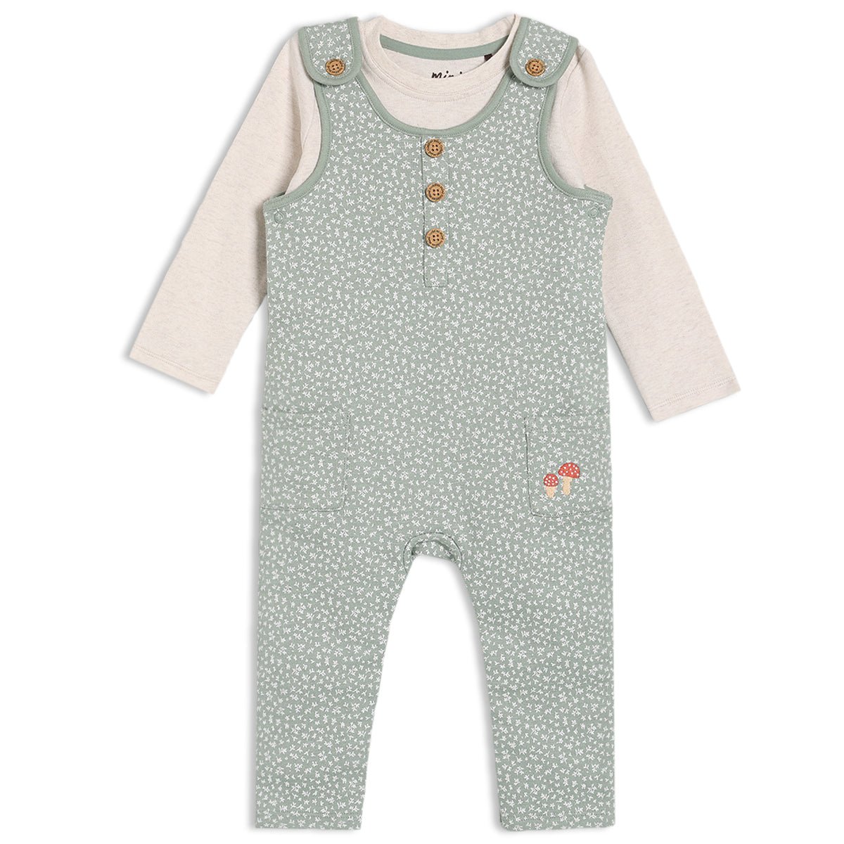 Baby Unisex Sprig Printed Dungaree 2pc Set, Multicolour - Minicuddles