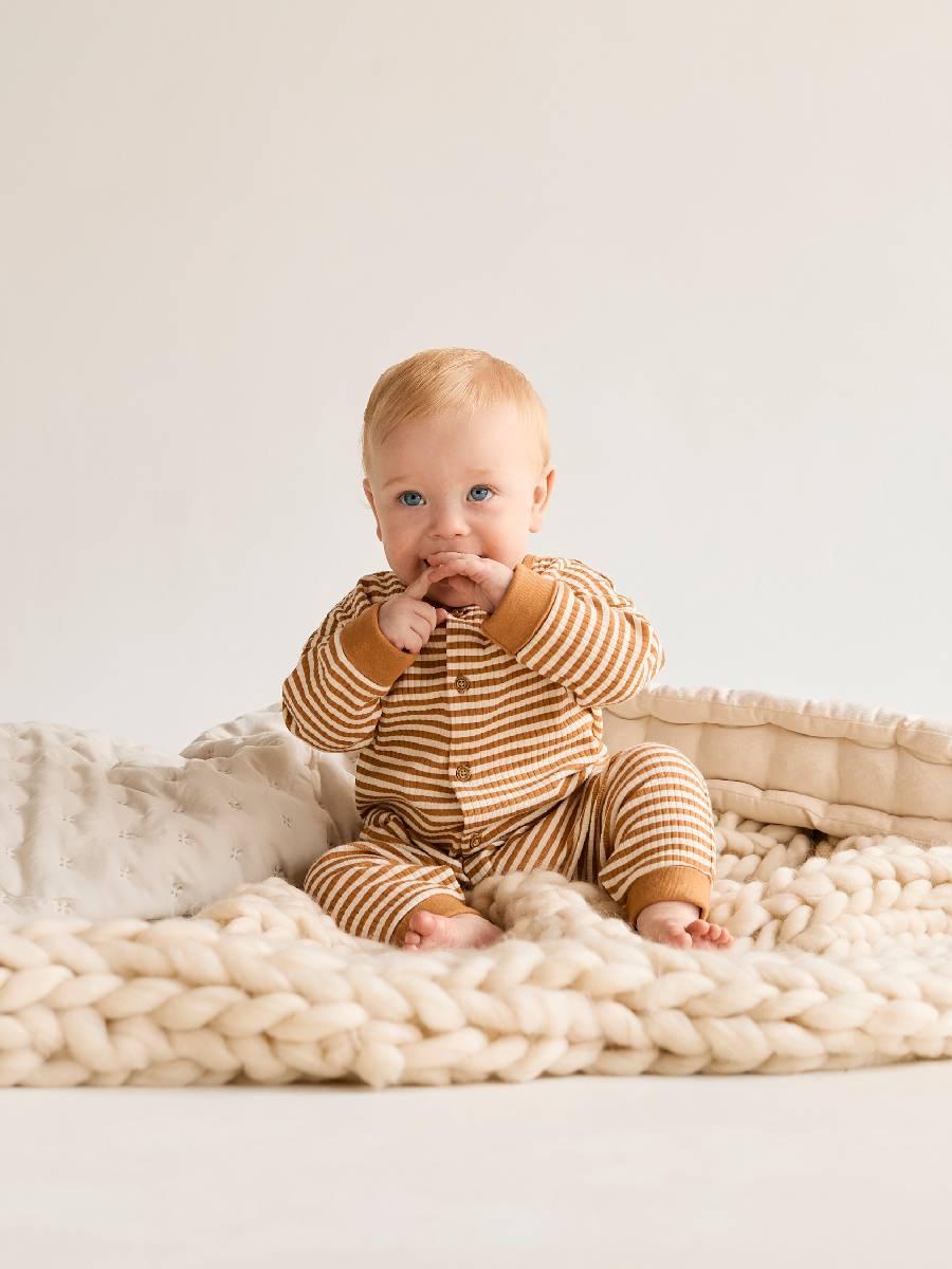 Baby Unisex Striped Romper, Brown - Minicuddles