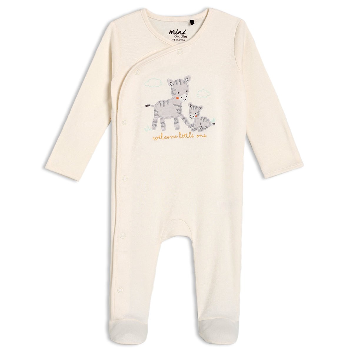Baby Unisex Zebra Embroidered Sleepsuit, White - Minicuddles